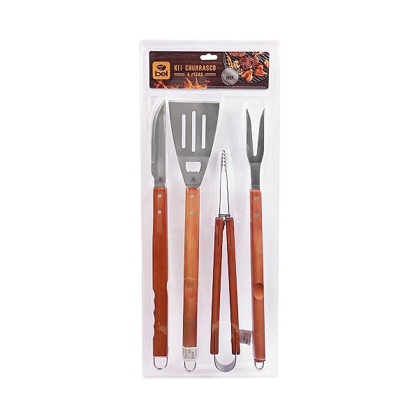 Kit Para Churrasco Inox Cabo de Madeira Grande 4 Pcs Bel