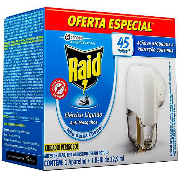 Repelente Raid Elétrico Líquido 45 Noites com 1 aparelho+1 refil de 32,9ml