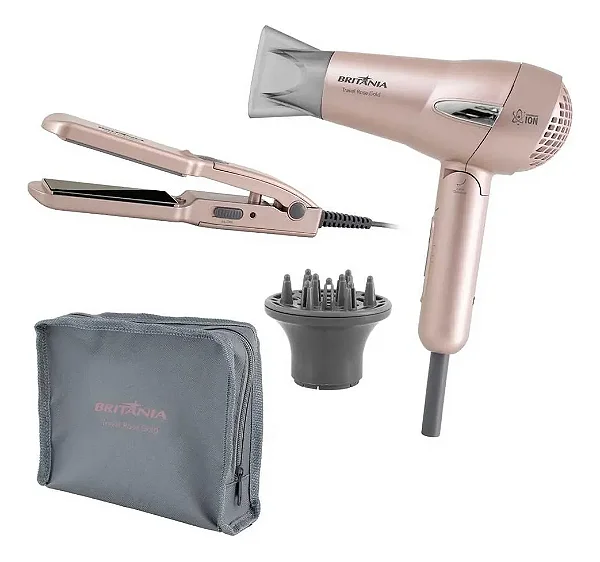 Kit Secador E Prancha Britânia Travel Rose Gold - Bivolt