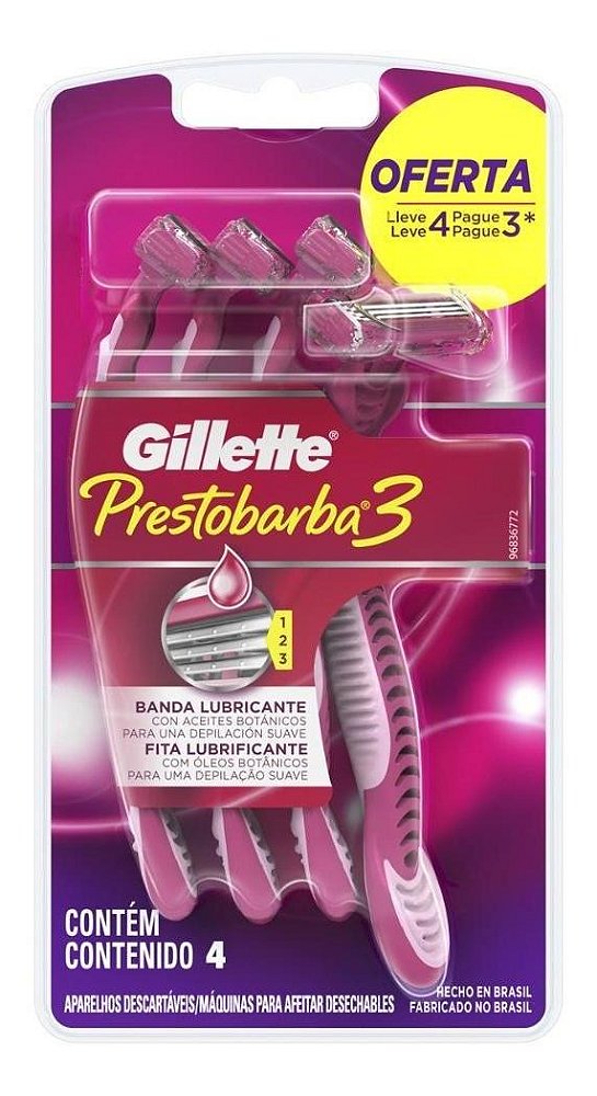Aparelho de Depilação Gillette Prestobarba 3 Feminino com 4 Unidades