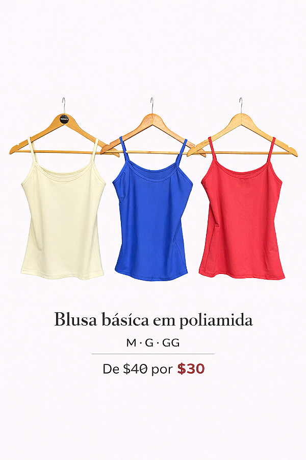 BLUSA BÁSICA ALÇA FINA EM POLIAMIDA
