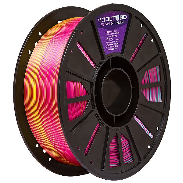 Filamento Voolt 3D PLA Tri Color Dourado / Rosa Choque / Verde V-Silk High Speed Premium - 1Kg