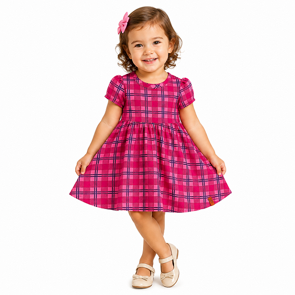 VESTIDO XADREZ INFANTIL MALWEE CONFORTÁVEL LINDO BEBÊ ROSA