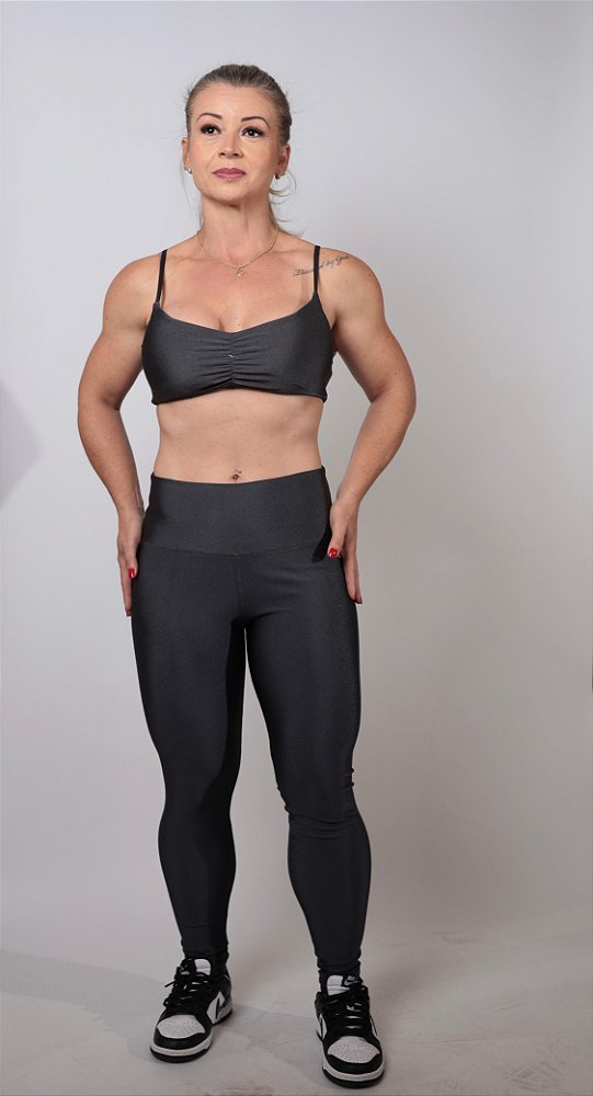 Top grafite franzido frente brilho fashion, trilobal fit