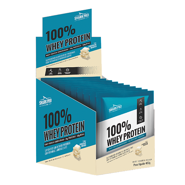 100% WHEY PROTEIN - WPC - WHEY PROTEIN POTE 40G SACHE SABOR CHOCOLATE BRANCO DISPLAY