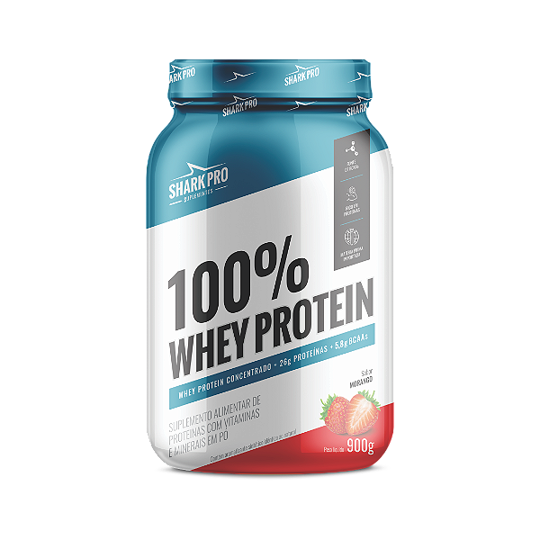 100% WHEY PROTEIN - WPC - WHEY PROTEIN POTE 900g SABOR MORANGO