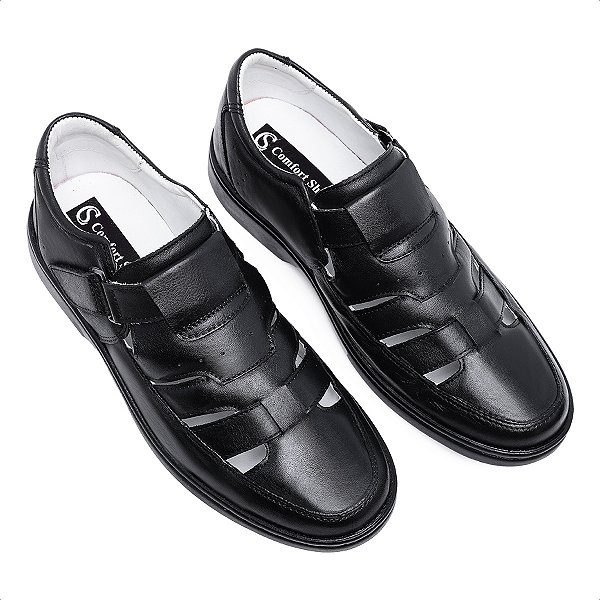 Sandália Masculina Couro Legítimo Comfort Shoes - 6070 Preto