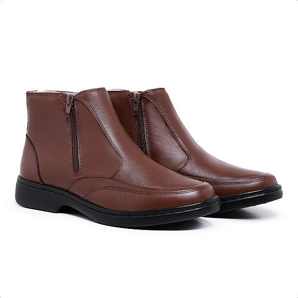 Botina Masculina De Couro Legítimo Comfort Shoes Ziper Café- 6091