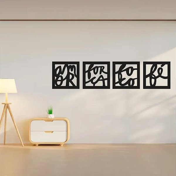 Quadro Vazado Amor Força Foco Fé Preto em MDF 3MM - Kazza Shop