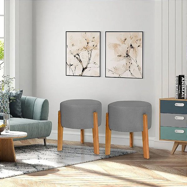 Kit 2 Puff Redondo Thor Pé Quadrado Decorativo - Kazza Shop