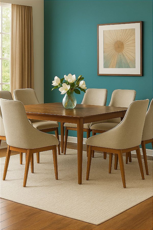 Cadeira Elisa em Linho Bege Base Madeira Luxo Sala de Jantar