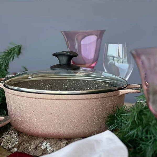 Caçarola Antiaderente 22cm Champagne c/ Tampa de Vidro