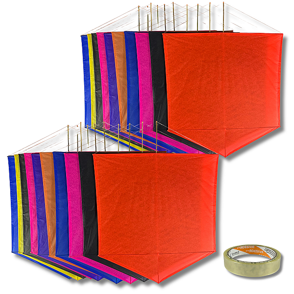 Kit 20 Pipa Latão Seda 55 x 50cm Liso Cores Mistas Com Durex