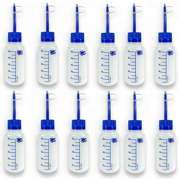 Kit 12 Pisseta Plástica Graduada 250ML Bico Reto Com Tampa