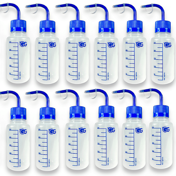 Kit 12 Pisseta Plástica Graduada 250ML Bico Curvo Com Tampa