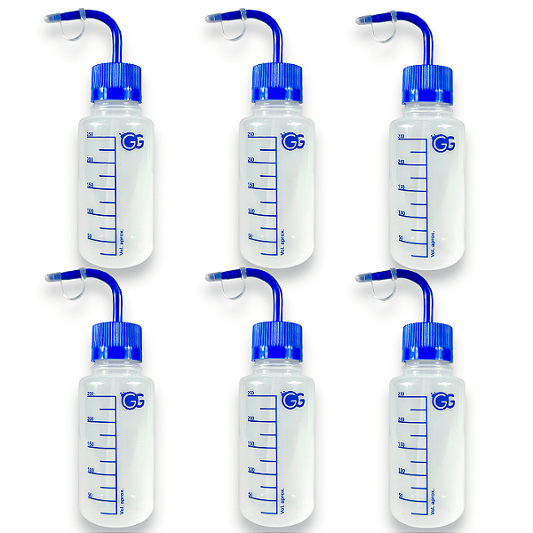 Kit 6 Pisseta Plástica Graduada 250ML Bico Curvo Com Tampa