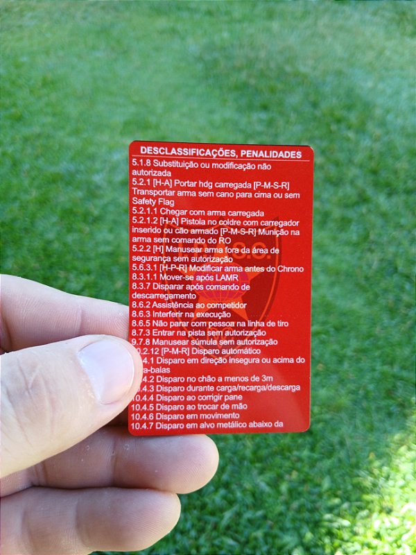 Cartão Regras IPSC Desclassificações DQ - Alumínio Anodizado Premium (RO/Atirador)