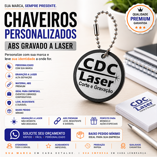 Chaveiros Personalizados em ABS Gravado a Laser | Kit com 12 unidades
