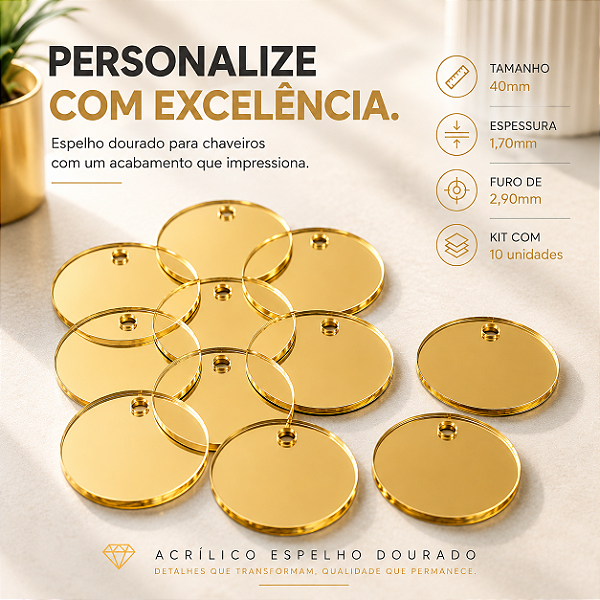 Espelho de Acrílico Dourado Redondo 40mm para Chaveiros – Kit com 10 Unidades | CDC Laser