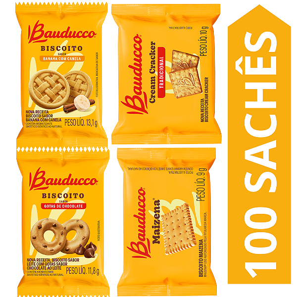 Kit 100 Sachês Biscoito Bauducco Sabores Leite E Gotas De Chocolate, Banana, Cream Cracker, Maizena