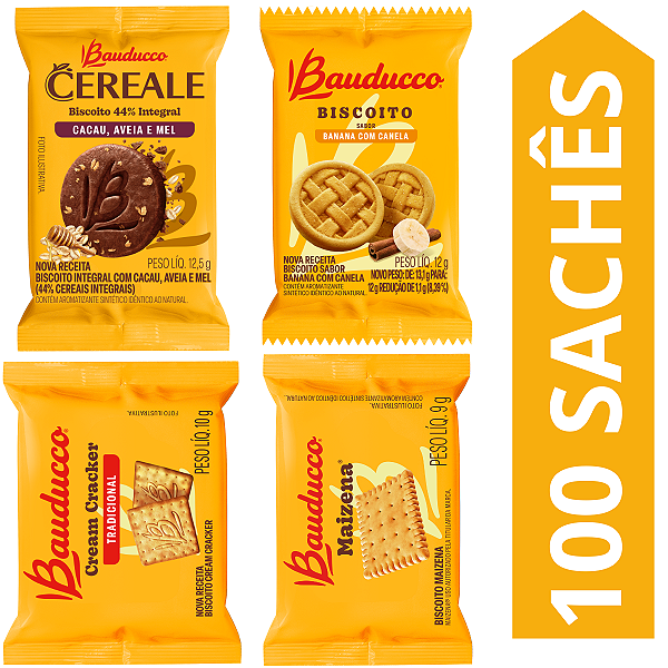 Kit 100 Sachês Biscoito Bauducco Sabores Cereale Cacau, Banana Com Canela, Cream Cracker, Maizena
