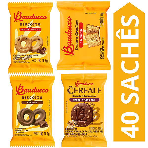Kit 60 Sachês Biscoito Bauducco Sabores Gotas De Chocolate, Cereale Cacau, Maizena