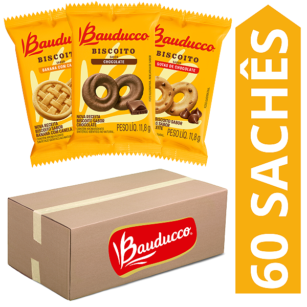 Kit 60 Sachês Biscoito Bauducco Sabores Leite Com Gotas De Chocolate, Banana Com Canela, Chocolate