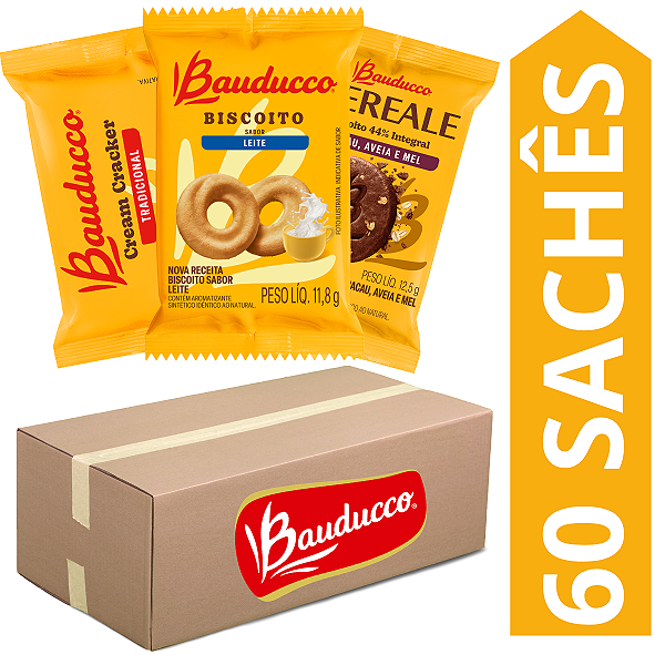 Kit 60 Sachês Biscoito Bauducco Sabores Cereale Cacau Aveia E Mel, Leite, Cream Cracker