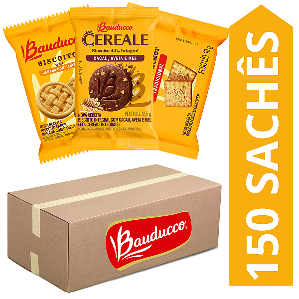 Kit 150 Sachês Biscoitos Bauducco Sabores Banana Com Canela, Cereale Cacau, Cream Cracker