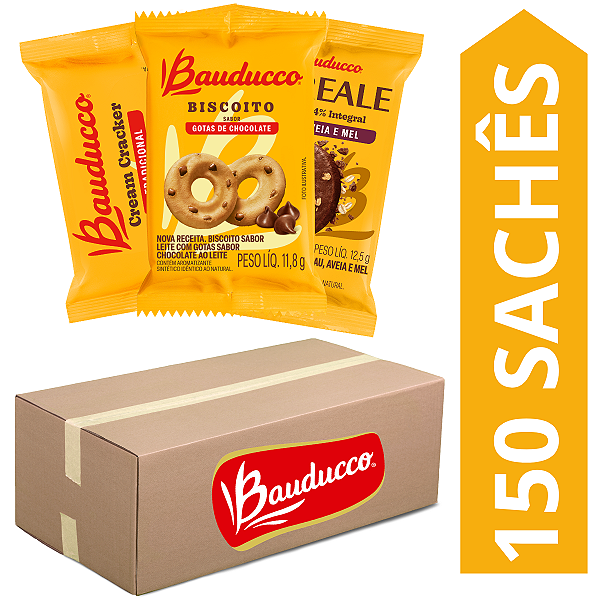 Kit 150 Sachês Biscoitos Bauducco Sabores Leite Com Gotas De Chocolate, Cereale Cacau, Cream Cracker