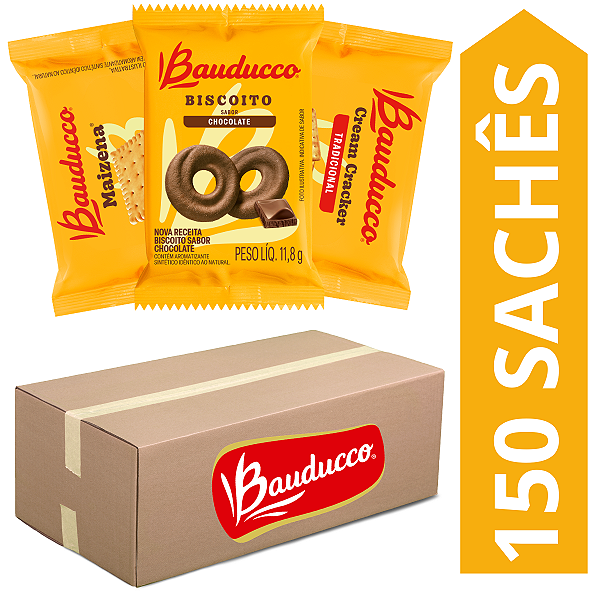 Kit 150 Sachês Biscoitos Bauducco Sabores Chocolate, Cream Cracker, Maizena