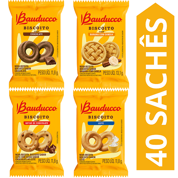 Kit 40 Sachês Biscoito Bauducco Sabores Leite Com Gotas De Chocolate, Banana Com Canela, Chocolate, Leite