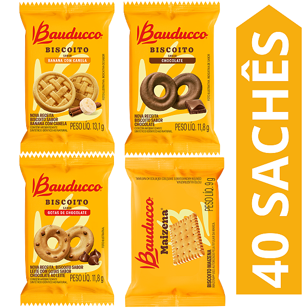 Kit 40 Sachês Biscoito Bauducco Sabores Chocolate, Leite E Gotas De Chocolate, Banana, Maizena