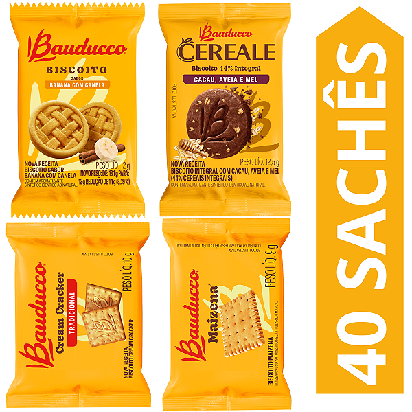 Kit 40 Sachês Biscoito Bauducco Sabores Banana Com Canela, Cereale Cacau, Cream Cracker, Maizena