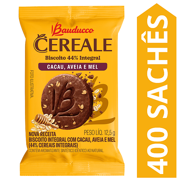 Kit 400 Sachês Biscoito Cereale Cacau, Aveia E Mel Bauducco 12,5g