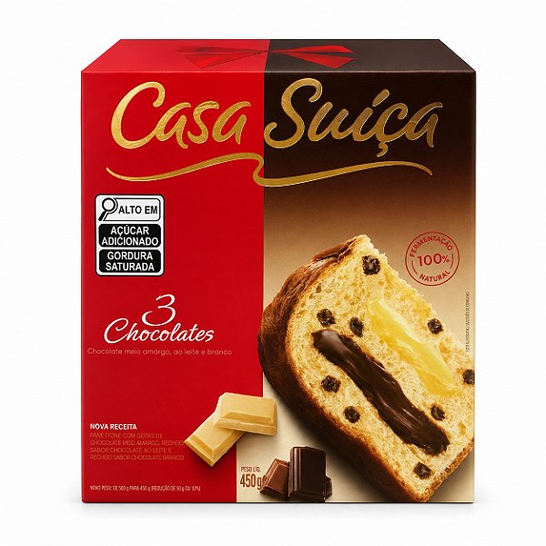 Panettone Com Gotas de Chocolate Recheio 3 Chocolates Casa Suíça 450