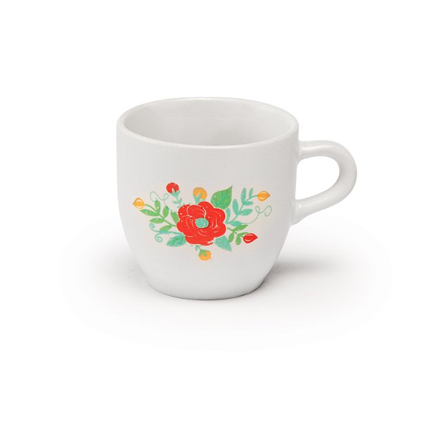 Xícara Café Lisa Branca Decorada Flor 50 ml