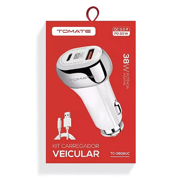 Carregador Automotivo para Celular Tomate 38W + Cabo Tipo C
