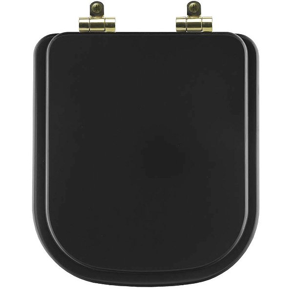 Tampa de Vaso Sanitário Poliéster Soft Close Quadra Preto Fosco para vaso Deca com Ferragem Dourada