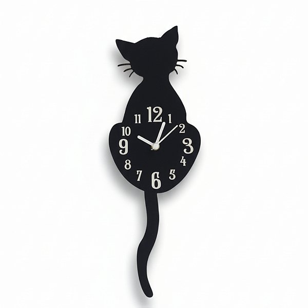 Relógio de Parede Gato Preto com Pêndulo – Decoração Criativa e Funcional em Acrílico UV