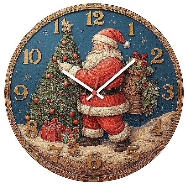 Relógio de Parede Natalino Papai Noel Decorando a Árvore