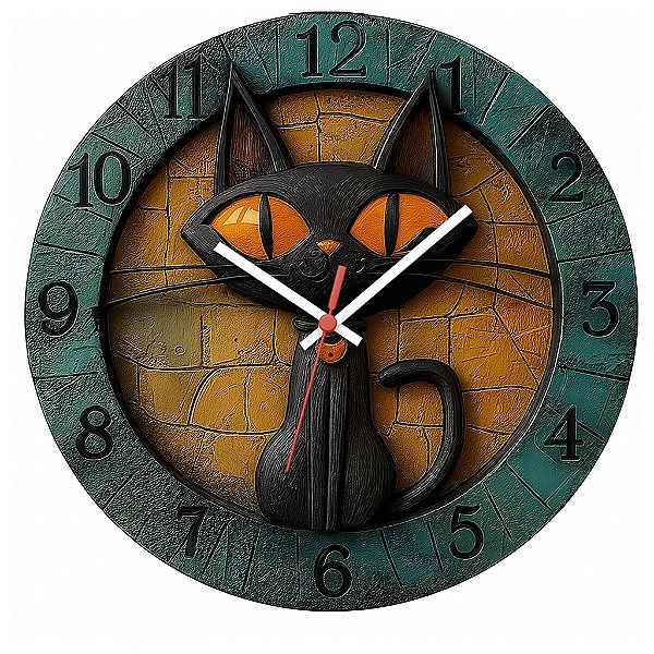 Relógio de Parede Gato Preto Estilizado em Relevo – Arte Decorativa
