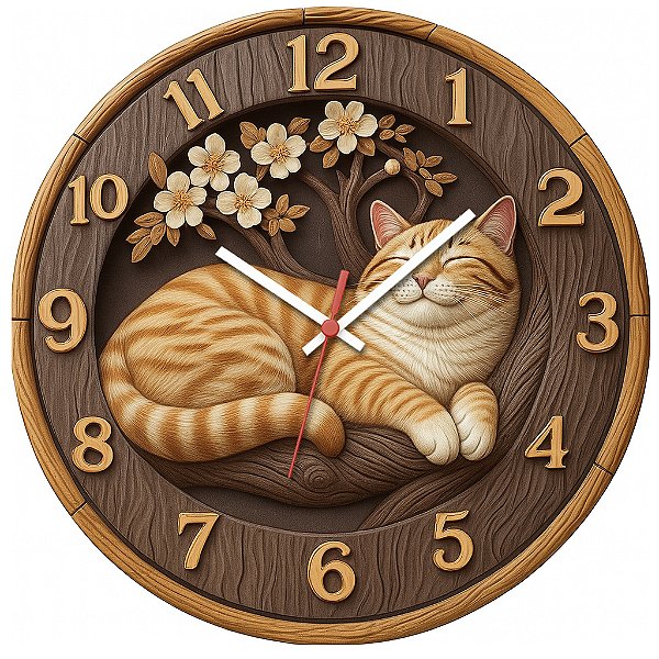 Relógio de Parede Gato Listrado Dormindo com Flores – Estilo Rústico