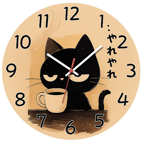 Relógio de Parede Gato Preto com Café – Estilo Japonês Minimalista