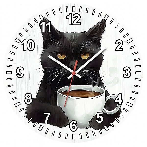 Relógio de Parede Gato Preto com Café