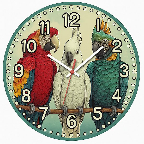Relógio de Parede Araras e Cacatua no Poleiro – Arte Tropical