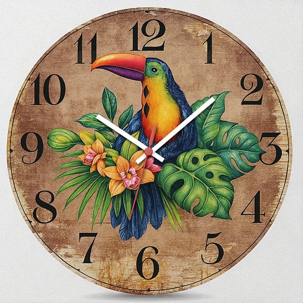 Relógio de Parede Tucano com Flores Tropicais – Estilo Rústico