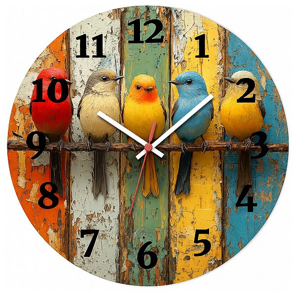 Relógio de Parede Pássaros Coloridos na Madeira – Estilo Rústico Vintage