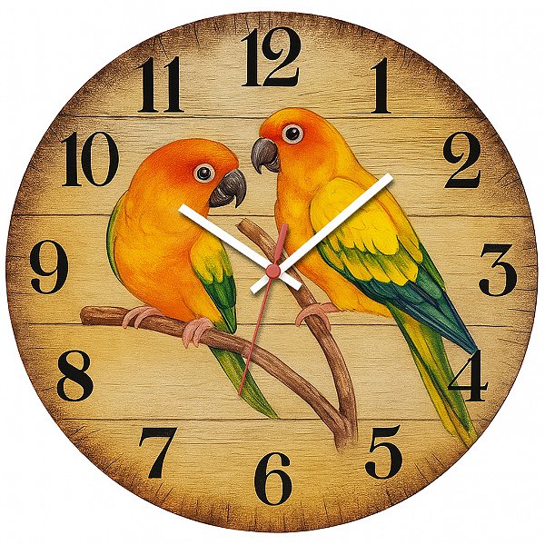 Relógio de Parede Casal de Pássaros Coloridos – Estilo Madeira