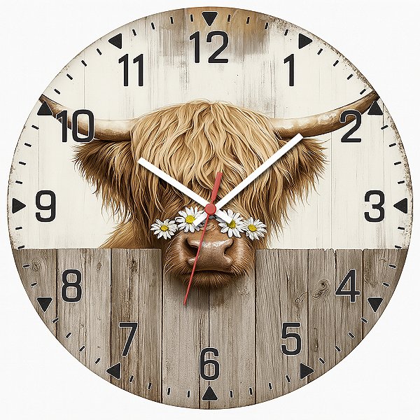Relógio de Parede Boi Highland com Margaridas – Estilo Country